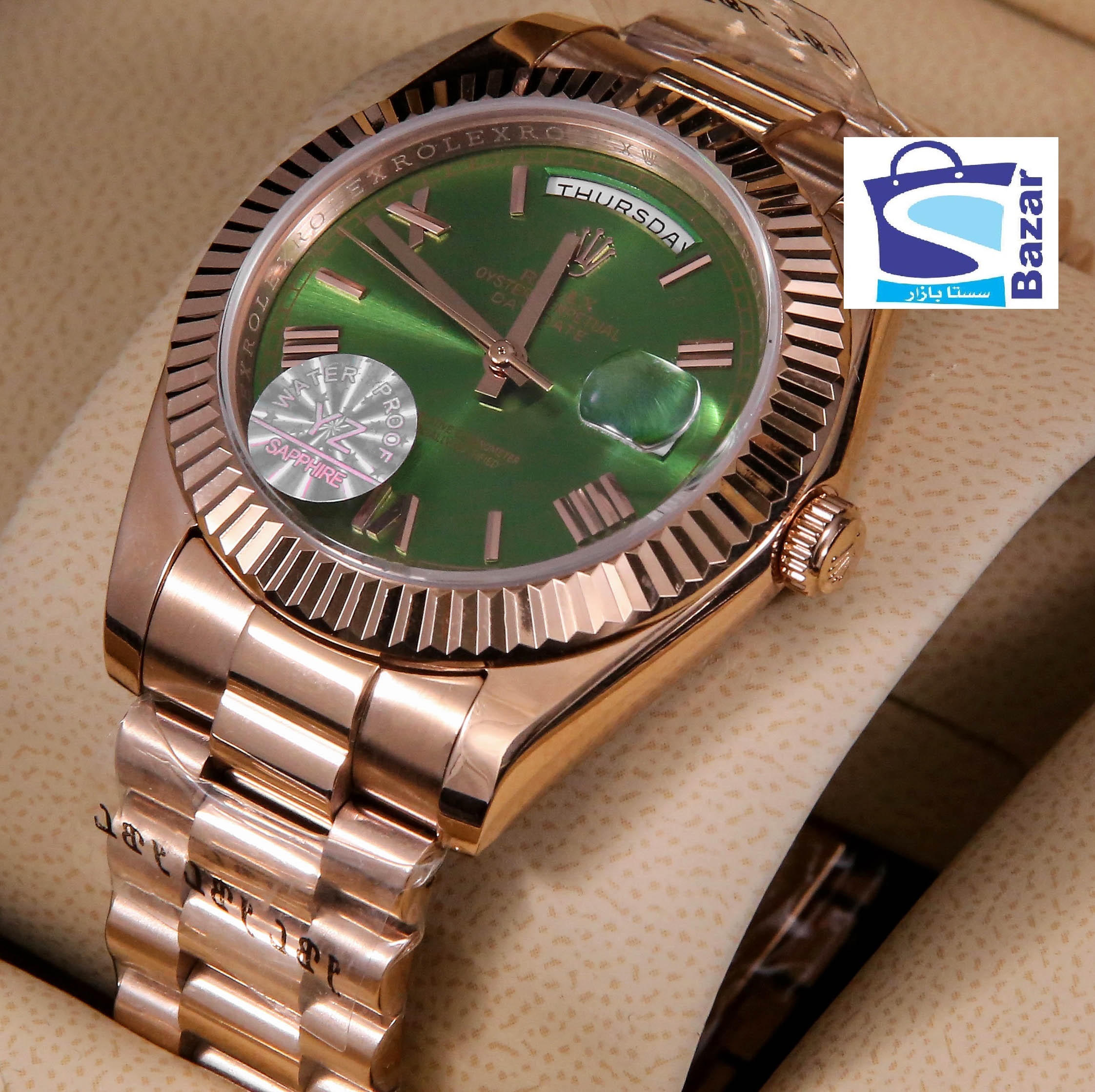 ROLEX DAY DATE ROSE GOLD GREEN DIAL AUTOMATIC WATCH – Sasta Bazaar